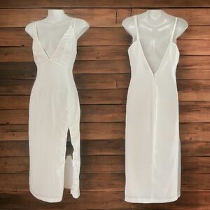 NBD off white spaghetti strap T length slit dress S